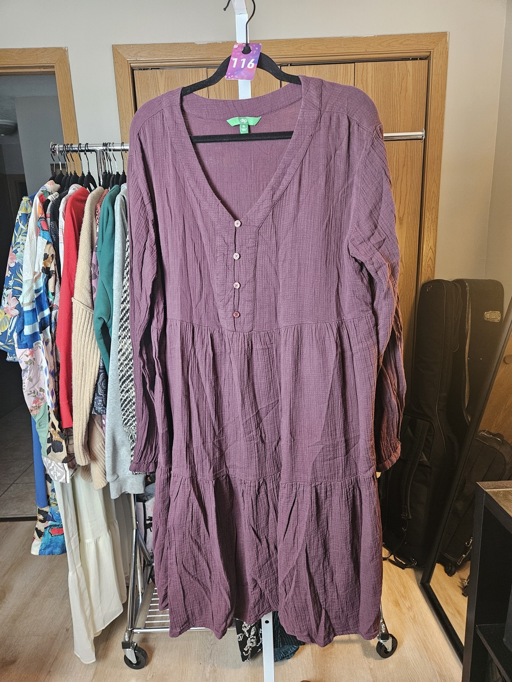 dip Plum Long-Sleeve Tiered Midi Dress